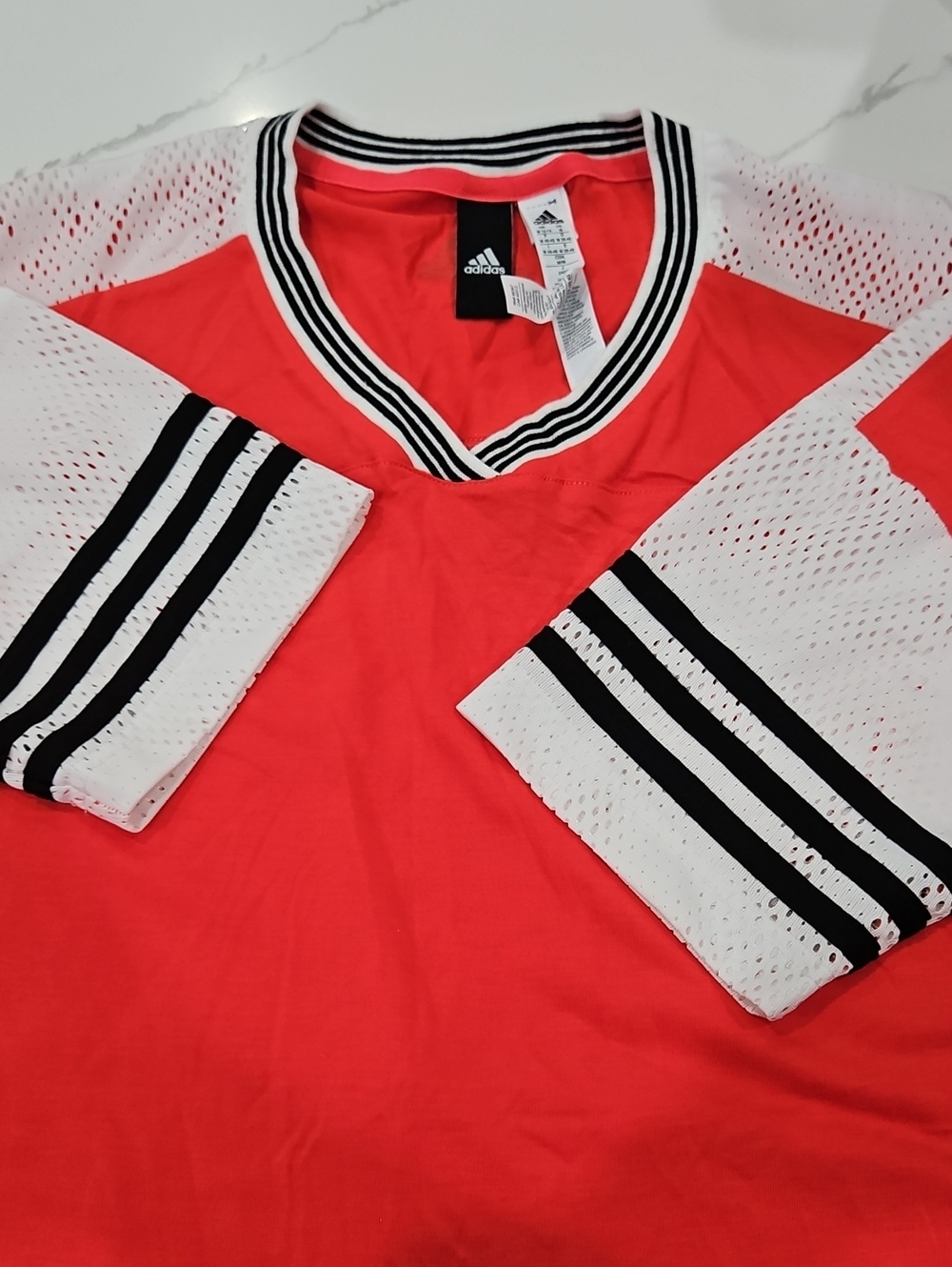 adidas Red & White Mesh Sleeve Athletic Top